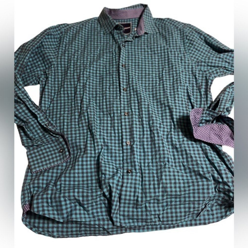 TOMMY BAHAMA Turquoise & Navy Gingham Flip Cuff Button Down Shirt Size L